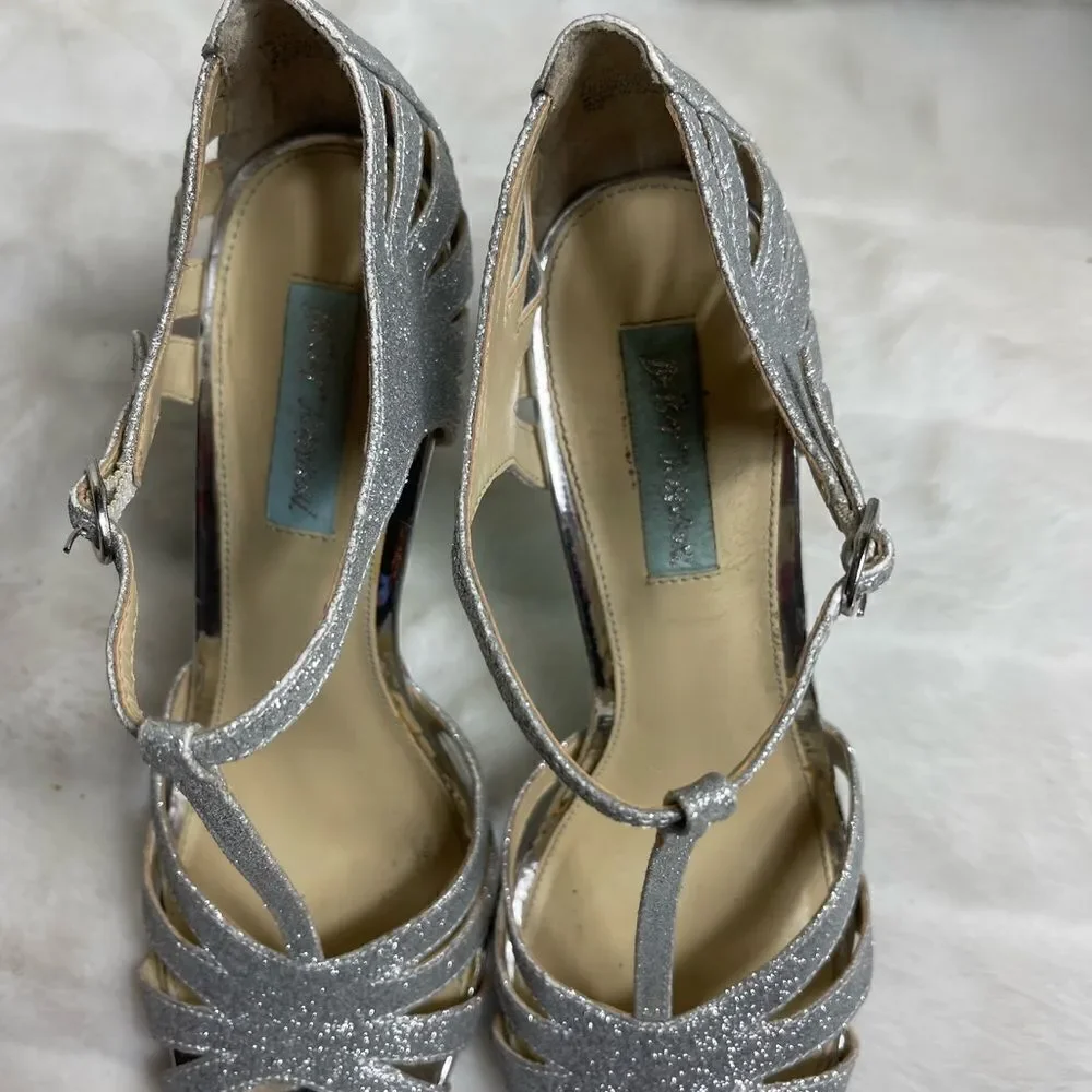 Betsey Johnson Blue silver glitter T strap sandals open toe ankle strap …